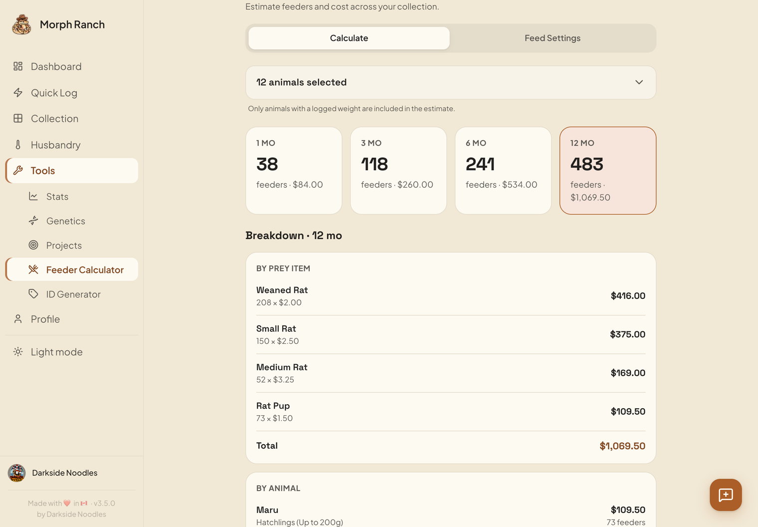 Feeder calc — Feeders and cost across the whole collection at 1, 3, 6 and 12 months, broken down by a customized prey item configuration you set.