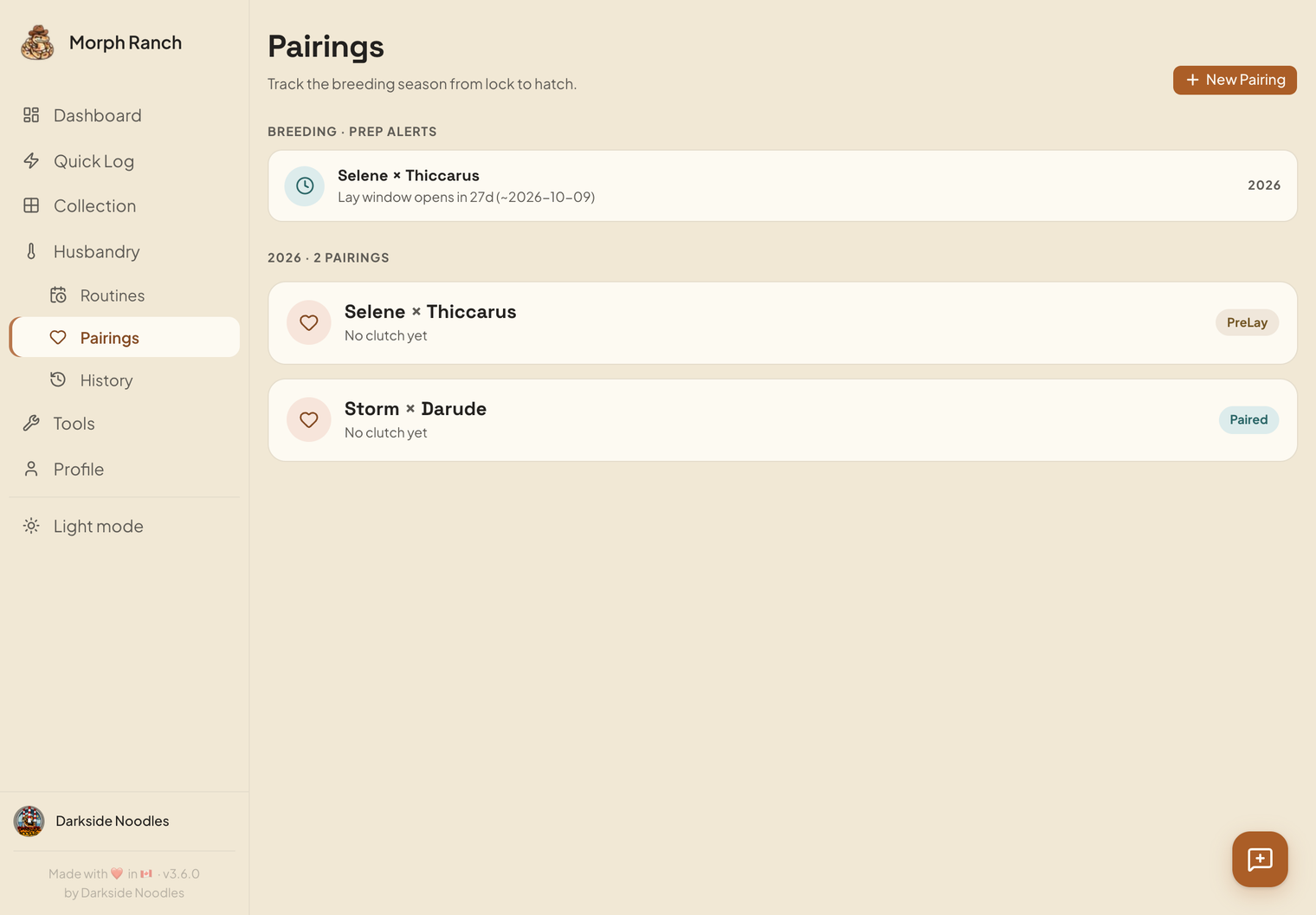 Pairings — The season's pairings, with prep alerts above them. The app works out when a lay window opens and names the female to watch.