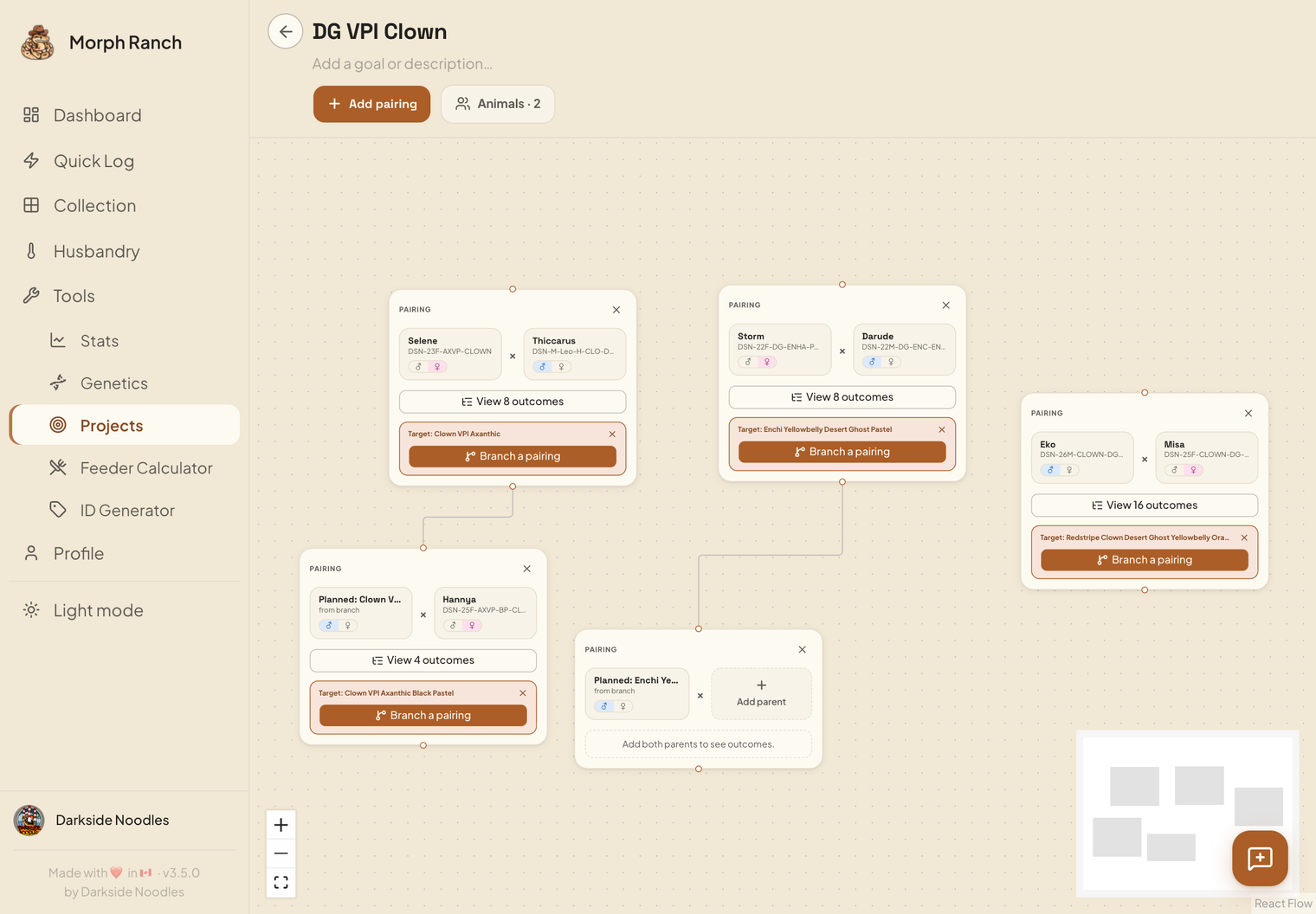 Projects — A target morph, the pairings that reach it, and a branch off each projected offspring, laid out on one canvas.
